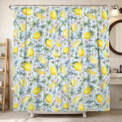 Lemon Shower Curtain, Summer Fresh Lemon Flower Summer Yellow Polyester Waterproof Decorative Bathroom Curtain Decor for Bathroom Guest Room 72x72 Inch