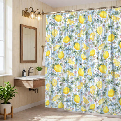Lemon Shower Curtain, Summer Fresh Lemon Flower Summer Yellow Polyester Waterproof Decorative Bathroom Curtain Decor for Bathroom Guest Room 72x72 Inch
