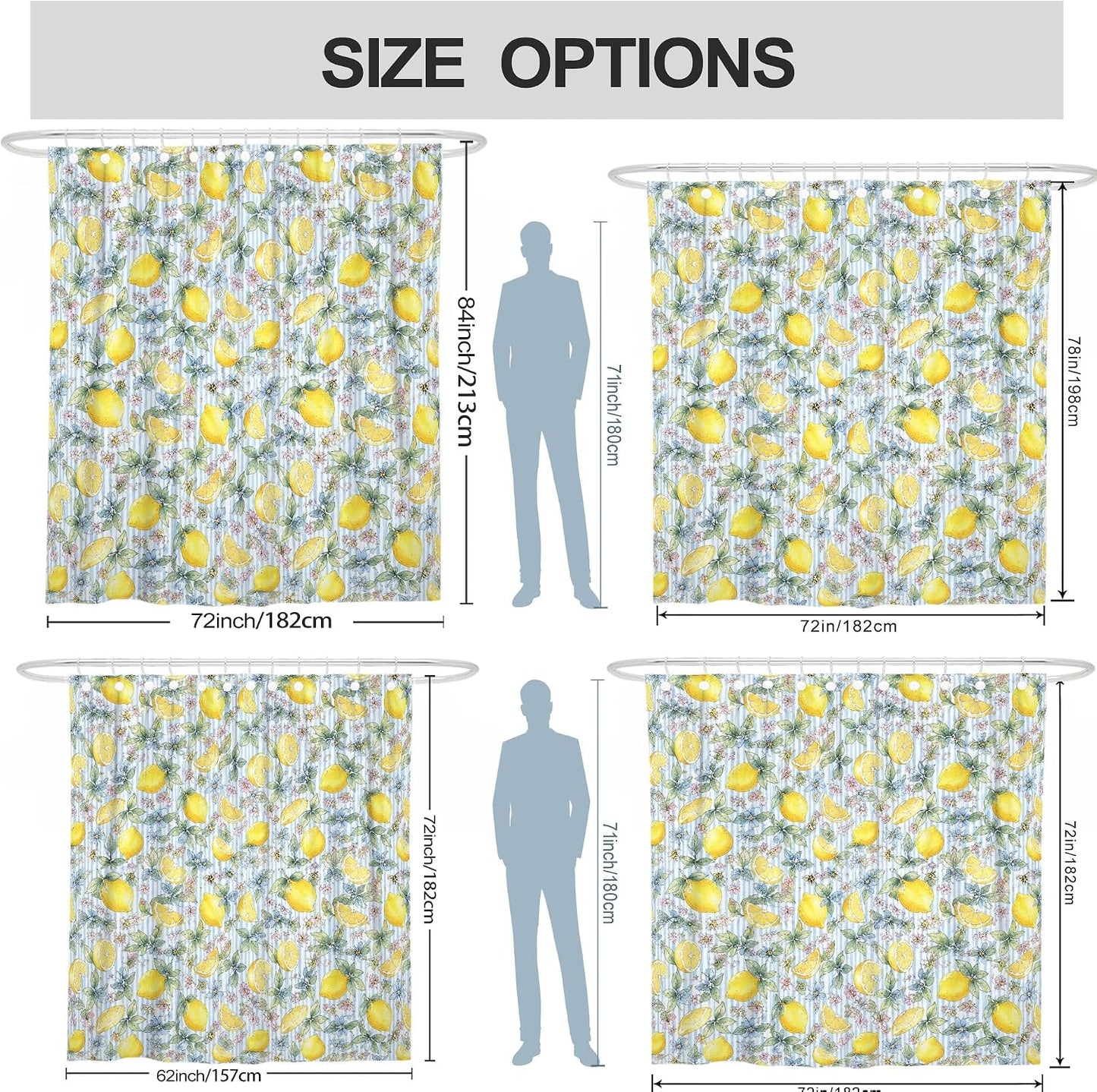 Lemon Shower Curtain, Summer Fresh Lemon Flower Summer Yellow Polyester Waterproof Decorative Bathroom Curtain Decor for Bathroom Guest Room 72x72 Inch