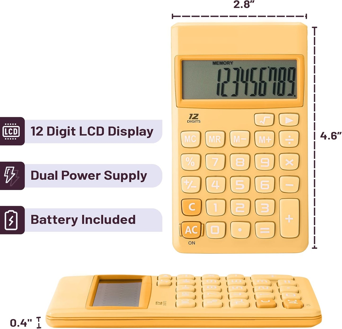Standard Function Calculator, 12 Digits, Small Calculator, Orange
