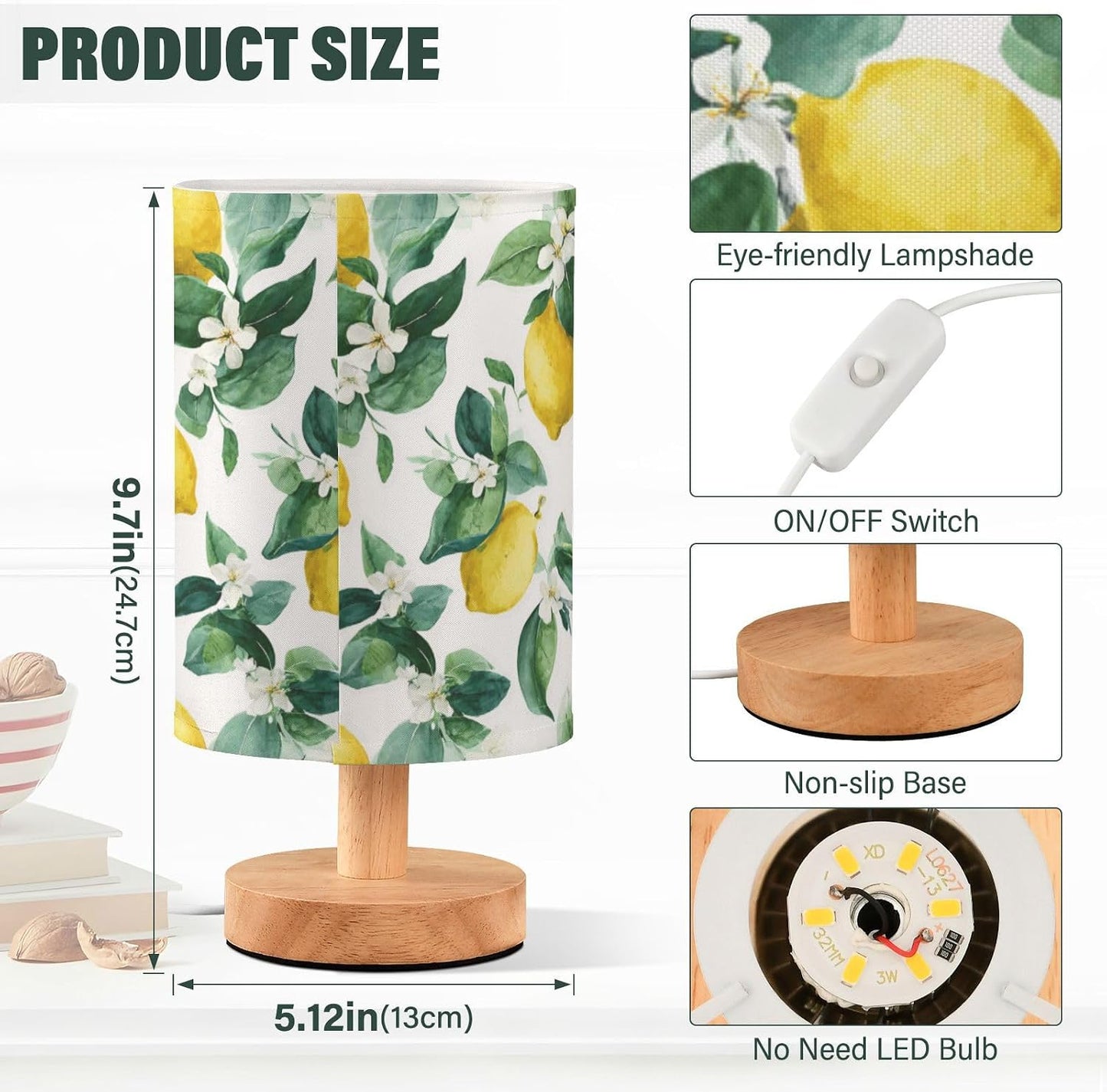 Bedside Table Lamp Lemon Yellow Citrus Fruits (3) Kids Nightstand Lamp Night Light Fabric Shade for Bedroom Living Room Home Office