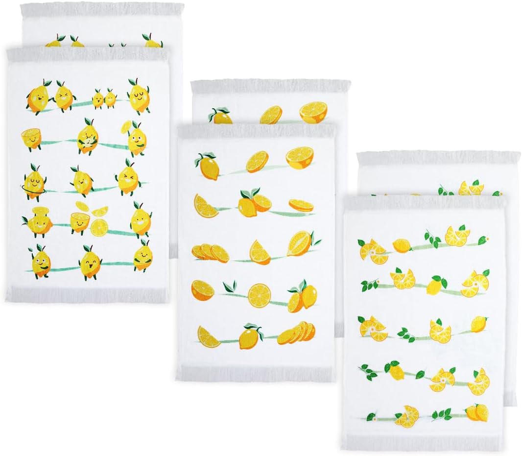 Lemon Printed Dish Towels - Drying & Reusable, (16" x 24") Soft and Decorative - Versatile, Perfect as Tea Towels, Kitchen Hand Towels - Lemon Theme (Pack of 6-3 Unique Designs)
