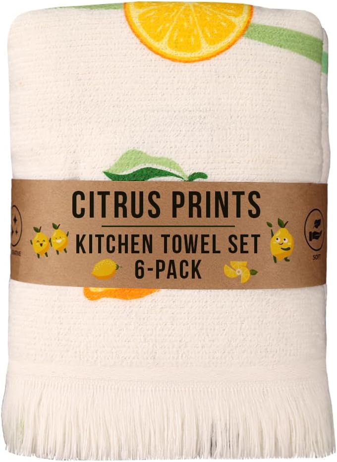 Lemon Printed Dish Towels - Drying & Reusable, (16" x 24") Soft and Decorative - Versatile, Perfect as Tea Towels, Kitchen Hand Towels - Lemon Theme (Pack of 6-3 Unique Designs)