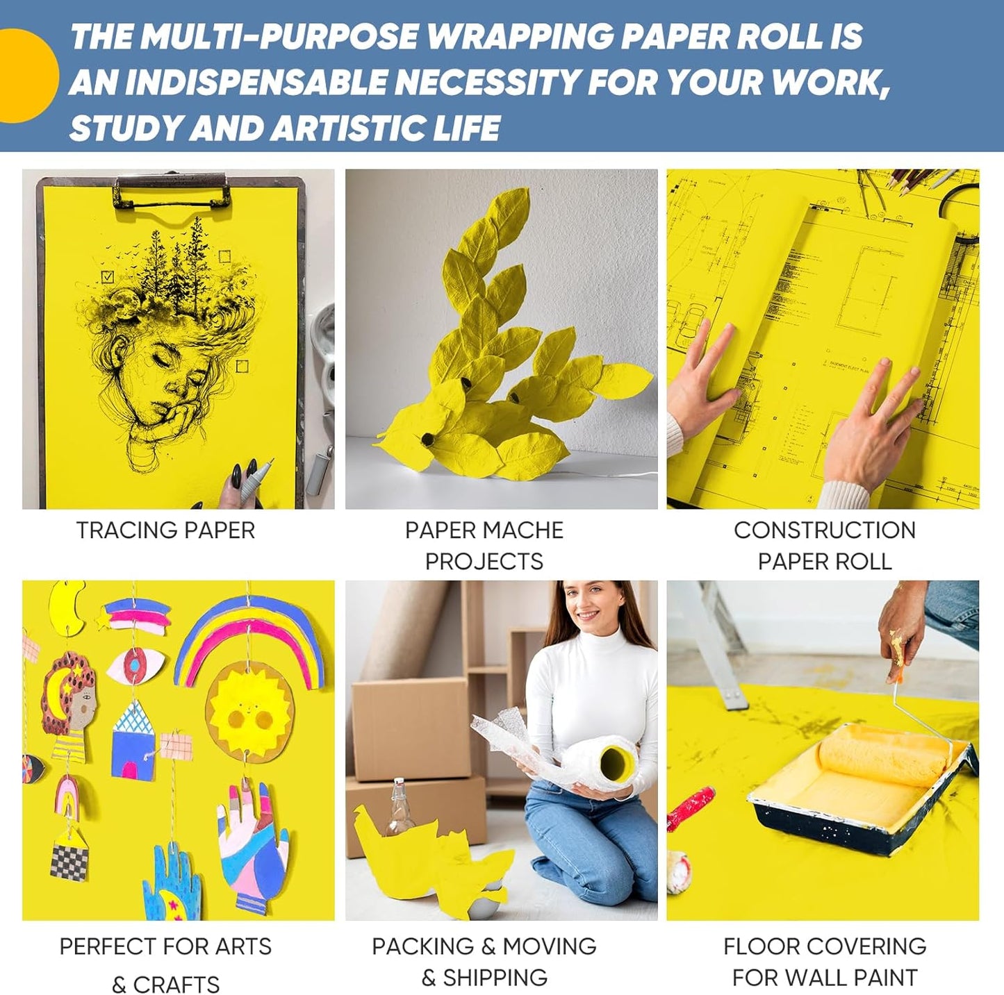 Yellow Wrapping Paper Craft Kraft Paper Roll 15"x450",Bulletin Board Paper | Arts & Crafts, Gift Wrapping Bouquet Flower Packing Painting Drawing Paint Easel Poster Chart Decorative Paper, Art Supplies