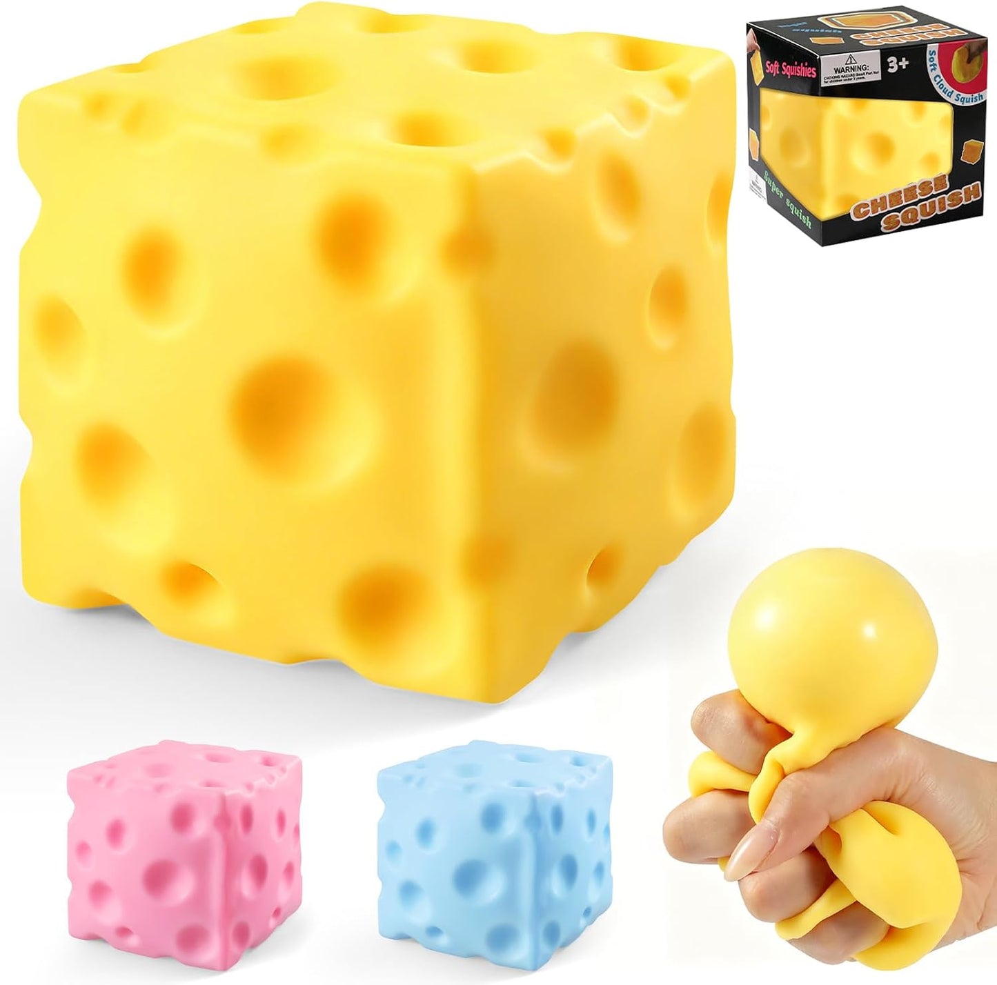 Cheese Squishy Cube, Cheese Block Squeeze Toy, Stress Ball Fidget Sensory Squeezy Toys, Novelty Stress Relief Gifts for Adults(Yellow, 2.4 in)