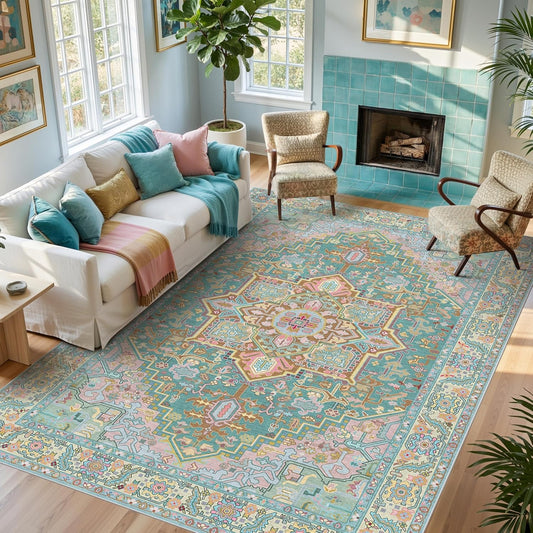 8x10 Washable Turquoise Teal Area Rugs with Vintage Orient Design Soft Rug for Living Room or Bedroom Non-Slip Low Pile Stain Resistance Features Distressed Medallion Pattern