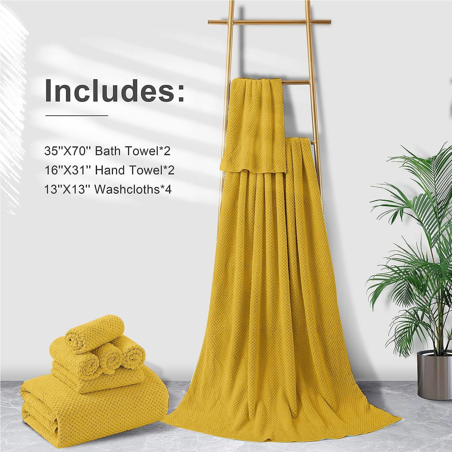8-Piece Bath Towel Set, 2 Extra Large Bath Towel Sheets, 2 Hand Towels and 4 Washcloths - Highly Absorbent Quick Dry Microfiber,Ultra Soft Towel Set for Bathroom Waffle Weave, Pack of 8 (Sweet Yellow)