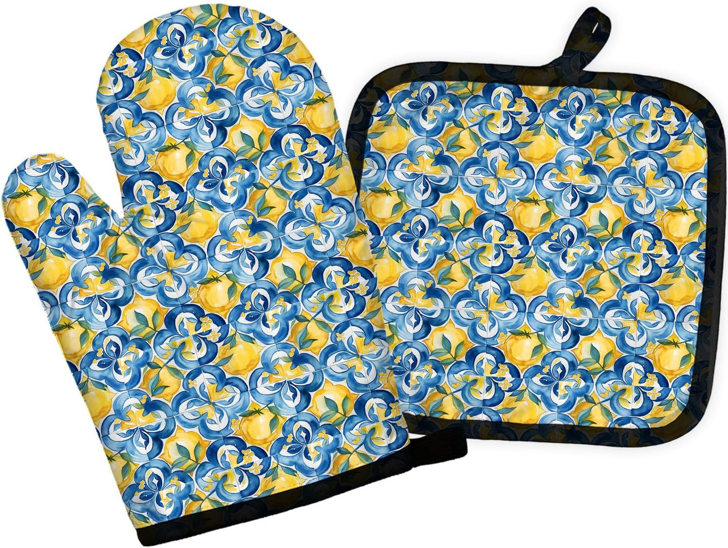 Boho Mediterranean Italian Lemon Oven Mitts and Pot Holders Sets, Lemon Kitchen Decor, Blue and White Azulejo Morocco Tiles Lemons Heat Resistant Oven Gloves Hot Pads for Kitchen Decor