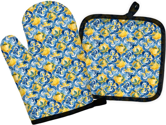 Boho Mediterranean Italian Lemon Oven Mitts and Pot Holders Sets, Lemon Kitchen Decor, Blue and White Azulejo Morocco Tiles Lemons Heat Resistant Oven Gloves Hot Pads for Kitchen Decor