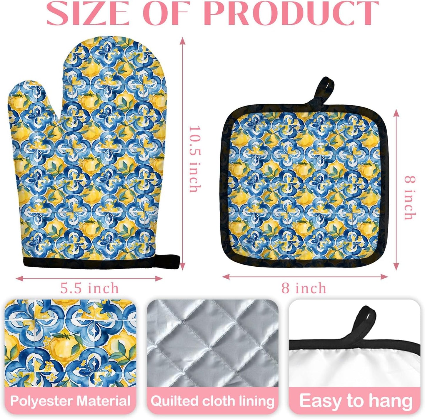 Boho Mediterranean Italian Lemon Oven Mitts and Pot Holders Sets, Lemon Kitchen Decor, Blue and White Azulejo Morocco Tiles Lemons Heat Resistant Oven Gloves Hot Pads for Kitchen Decor