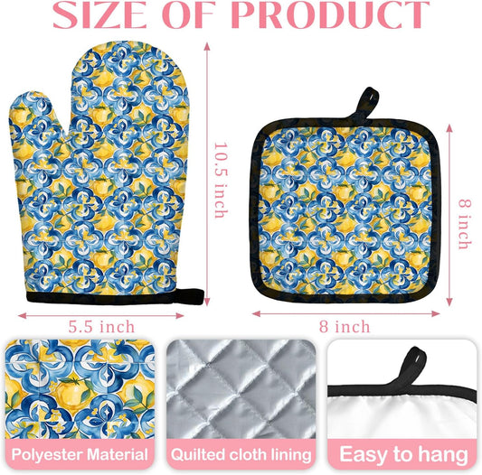 Boho Mediterranean Italian Lemon Oven Mitts and Pot Holders Sets, Lemon Kitchen Decor, Blue and White Azulejo Morocco Tiles Lemons Heat Resistant Oven Gloves Hot Pads for Kitchen Decor