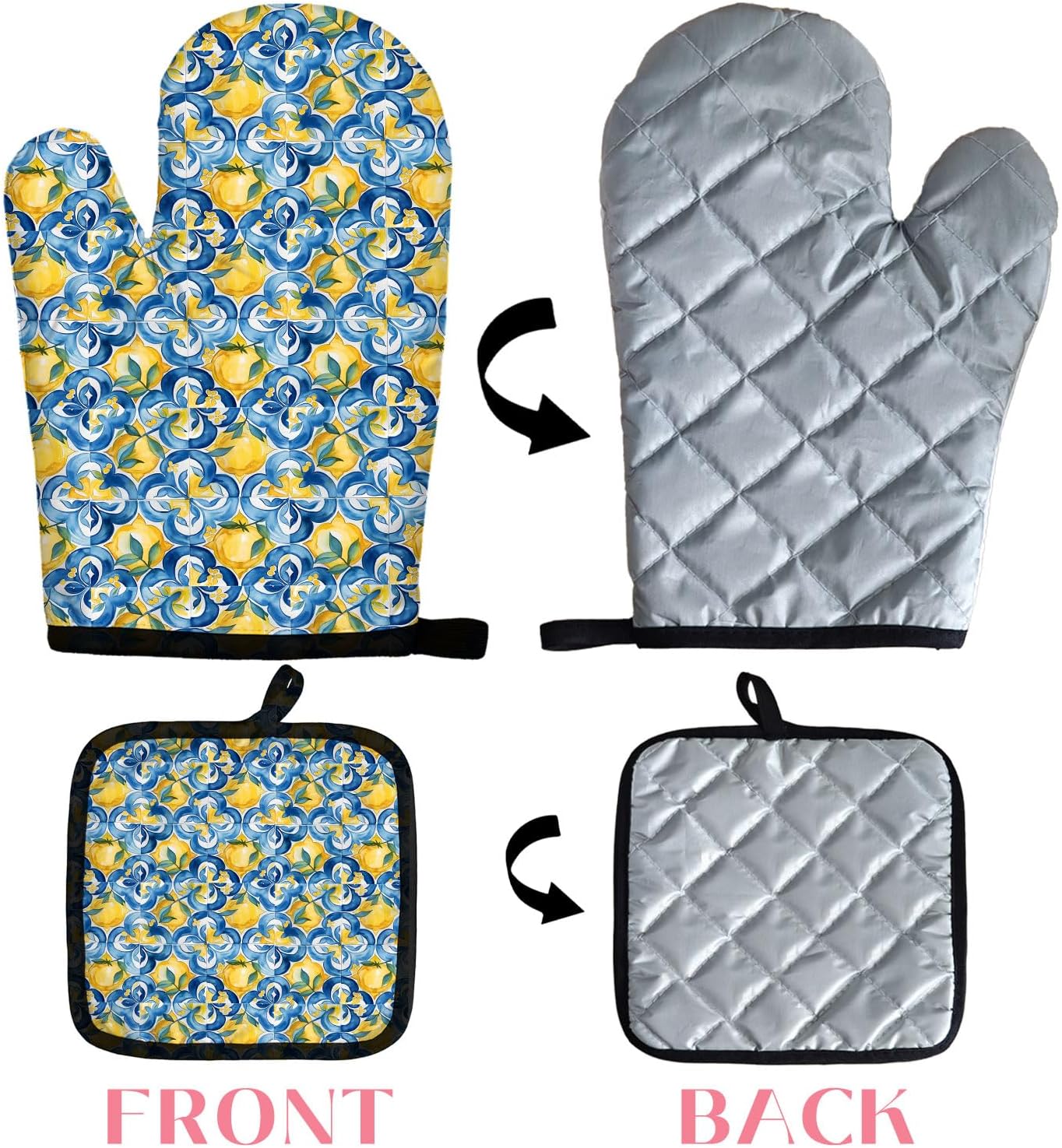 Boho Mediterranean Italian Lemon Oven Mitts and Pot Holders Sets, Lemon Kitchen Decor, Blue and White Azulejo Morocco Tiles Lemons Heat Resistant Oven Gloves Hot Pads for Kitchen Decor