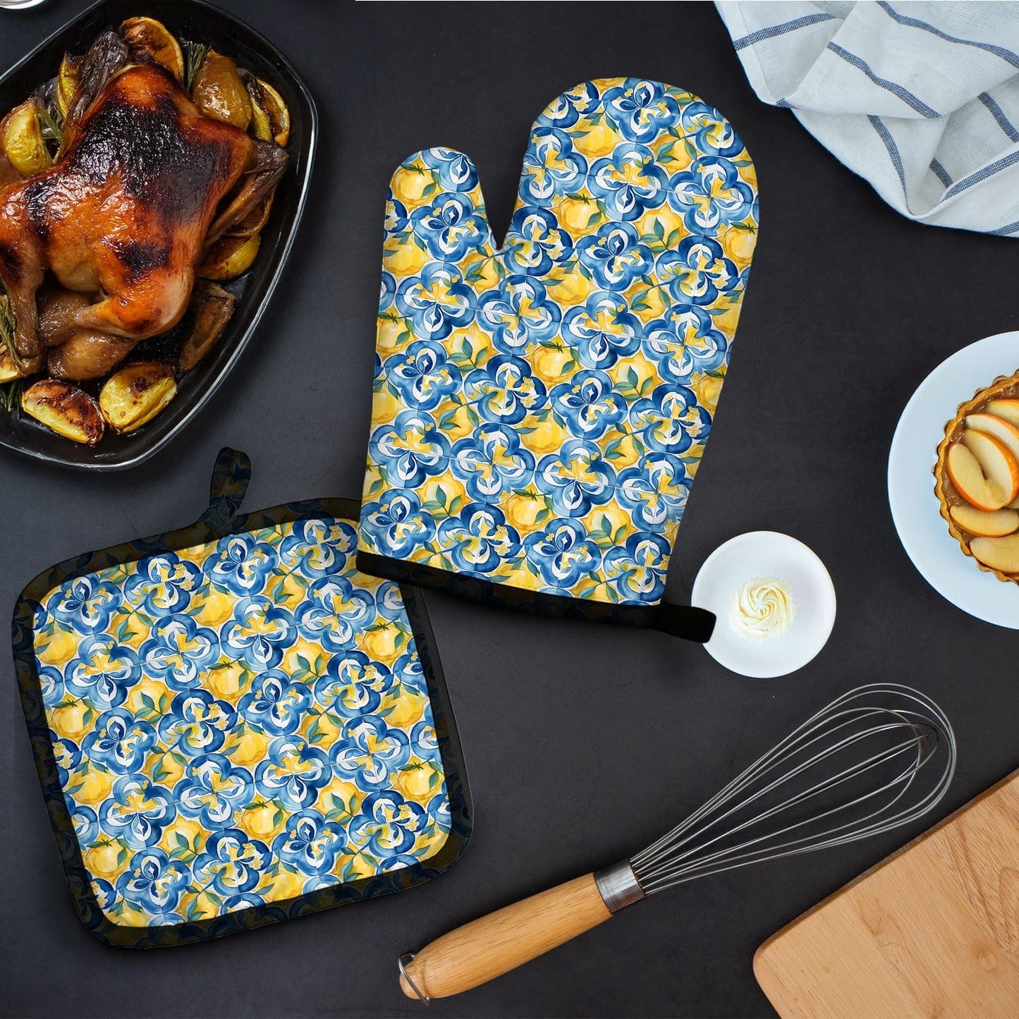 Boho Mediterranean Italian Lemon Oven Mitts and Pot Holders Sets, Lemon Kitchen Decor, Blue and White Azulejo Morocco Tiles Lemons Heat Resistant Oven Gloves Hot Pads for Kitchen Decor