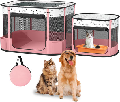 Portable Cat Playpen with litter box area, Foldable Pet Dog Playpen, for Kitten Puppy Play Pen Indoor/Outdoor, Cats Enclosure Cages Tent with Carrying Case, 600D Oxford 8-Rods, 32"x24"x22", Pink