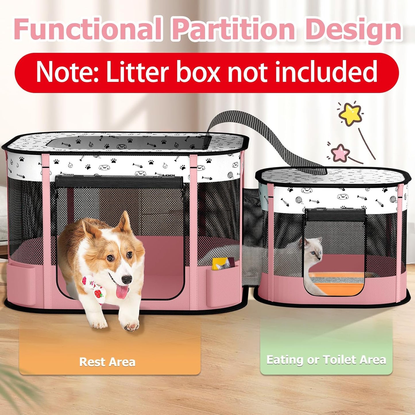 Portable Cat Playpen with litter box area, Foldable Pet Dog Playpen, for Kitten Puppy Play Pen Indoor/Outdoor, Cats Enclosure Cages Tent with Carrying Case, 600D Oxford 8-Rods, 32"x24"x22", Pink