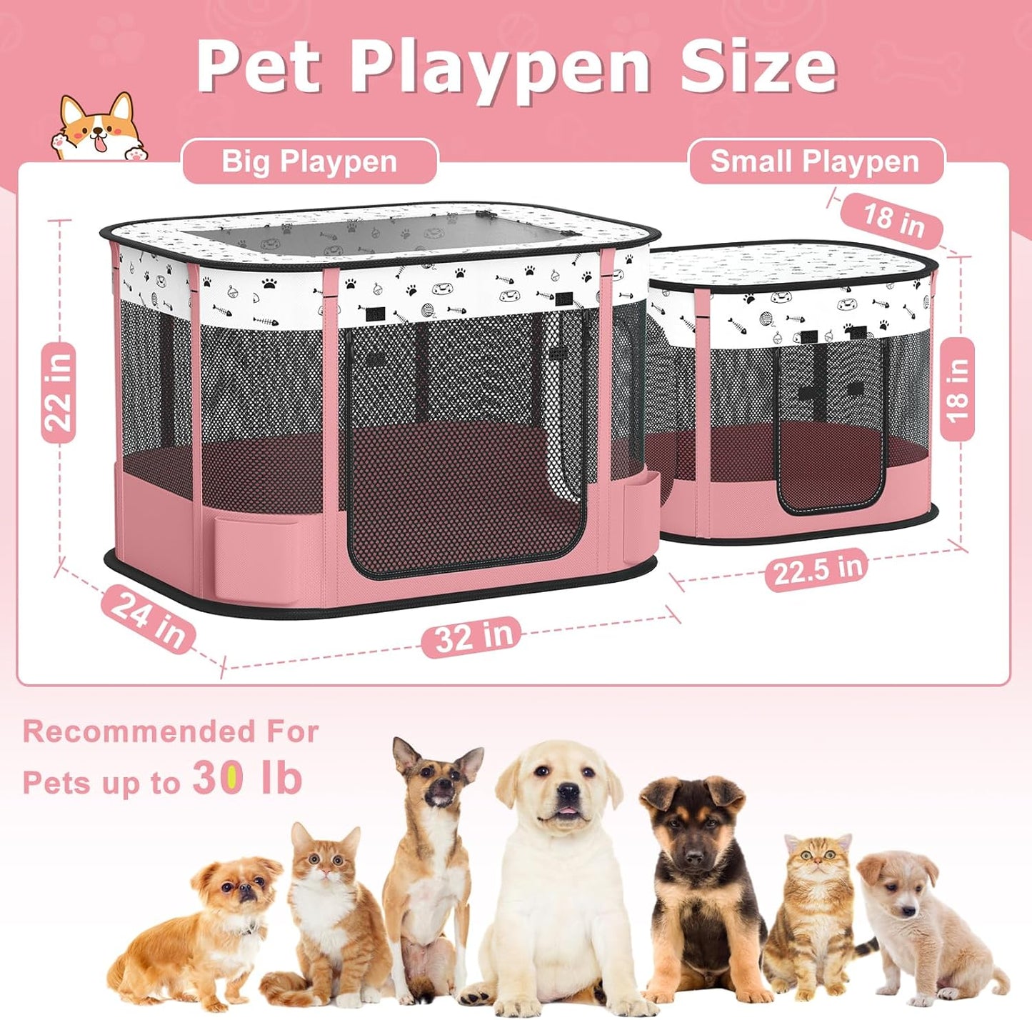 Portable Cat Playpen with litter box area, Foldable Pet Dog Playpen, for Kitten Puppy Play Pen Indoor/Outdoor, Cats Enclosure Cages Tent with Carrying Case, 600D Oxford 8-Rods, 32"x24"x22", Pink
