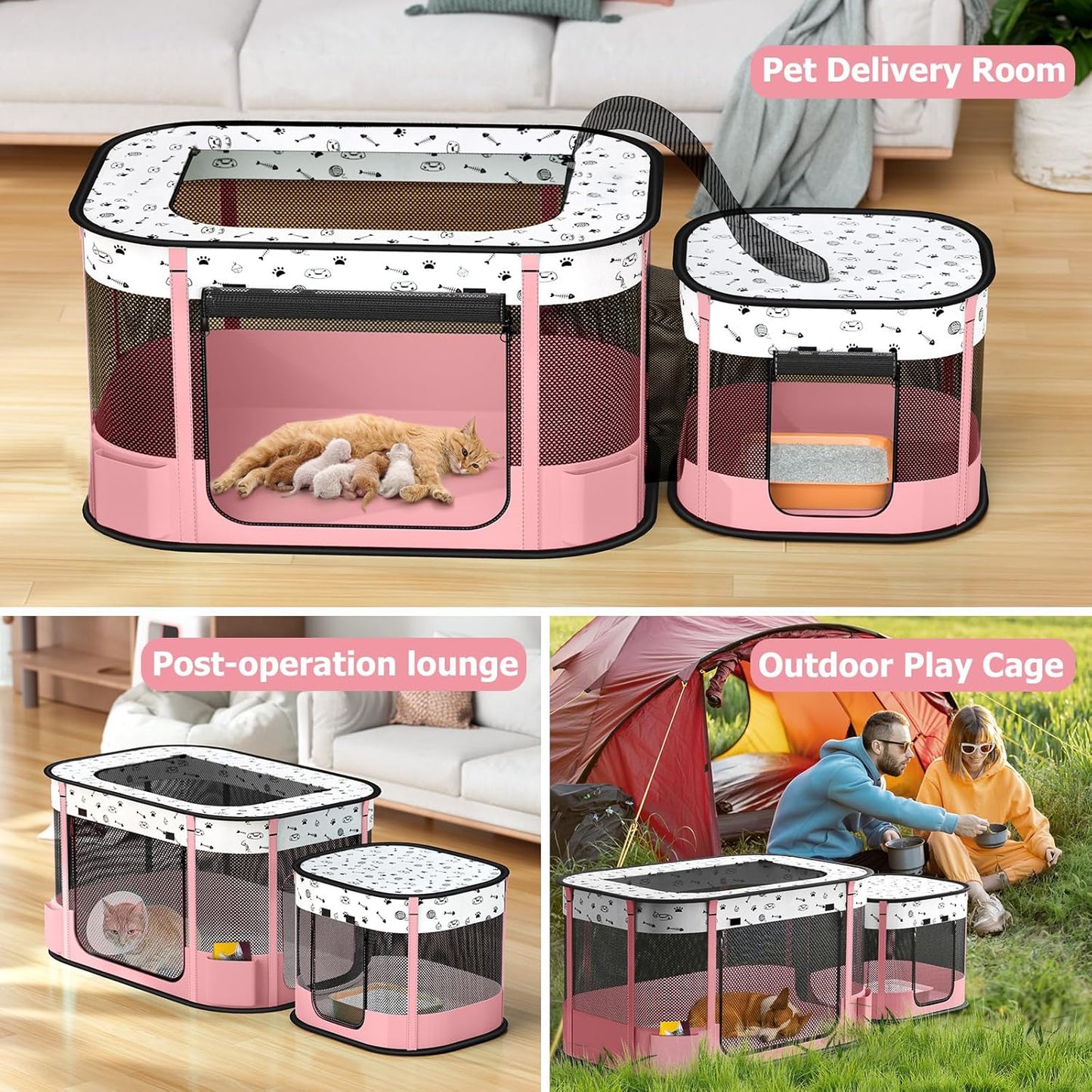 Portable Cat Playpen with litter box area, Foldable Pet Dog Playpen, for Kitten Puppy Play Pen Indoor/Outdoor, Cats Enclosure Cages Tent with Carrying Case, 600D Oxford 8-Rods, 32"x24"x22", Pink