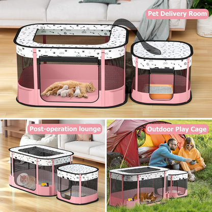 Portable Cat Playpen with litter box area, Foldable Pet Dog Playpen, for Kitten Puppy Play Pen Indoor/Outdoor, Cats Enclosure Cages Tent with Carrying Case, 600D Oxford 8-Rods, 32"x24"x22", Pink