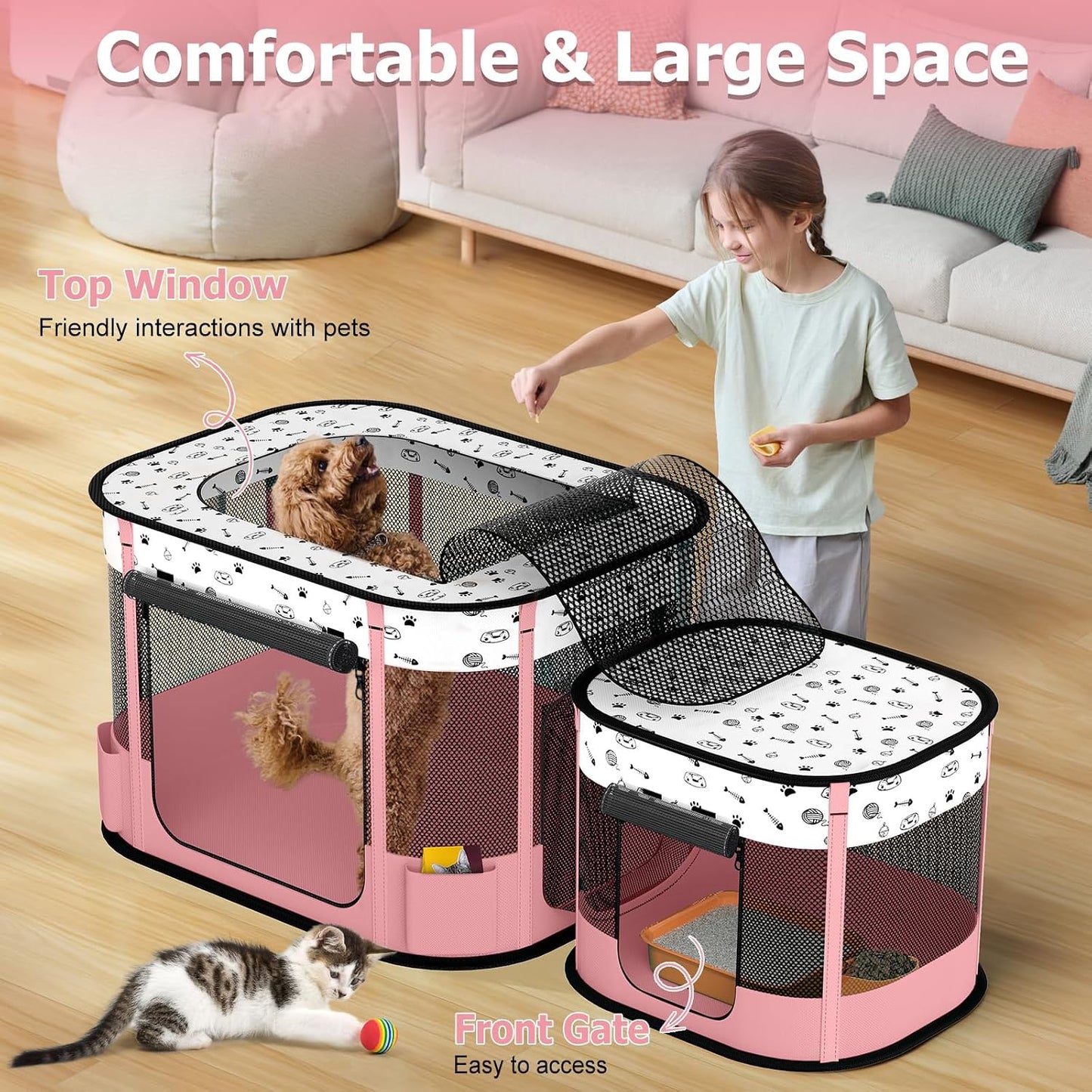 Portable Cat Playpen with litter box area, Foldable Pet Dog Playpen, for Kitten Puppy Play Pen Indoor/Outdoor, Cats Enclosure Cages Tent with Carrying Case, 600D Oxford 8-Rods, 32"x24"x22", Pink