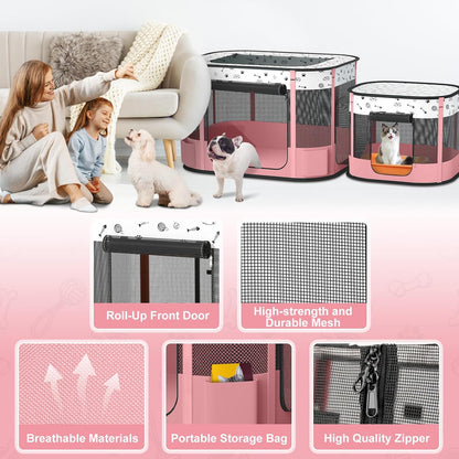 Portable Cat Playpen with litter box area, Foldable Pet Dog Playpen, for Kitten Puppy Play Pen Indoor/Outdoor, Cats Enclosure Cages Tent with Carrying Case, 600D Oxford 8-Rods, 32"x24"x22", Pink