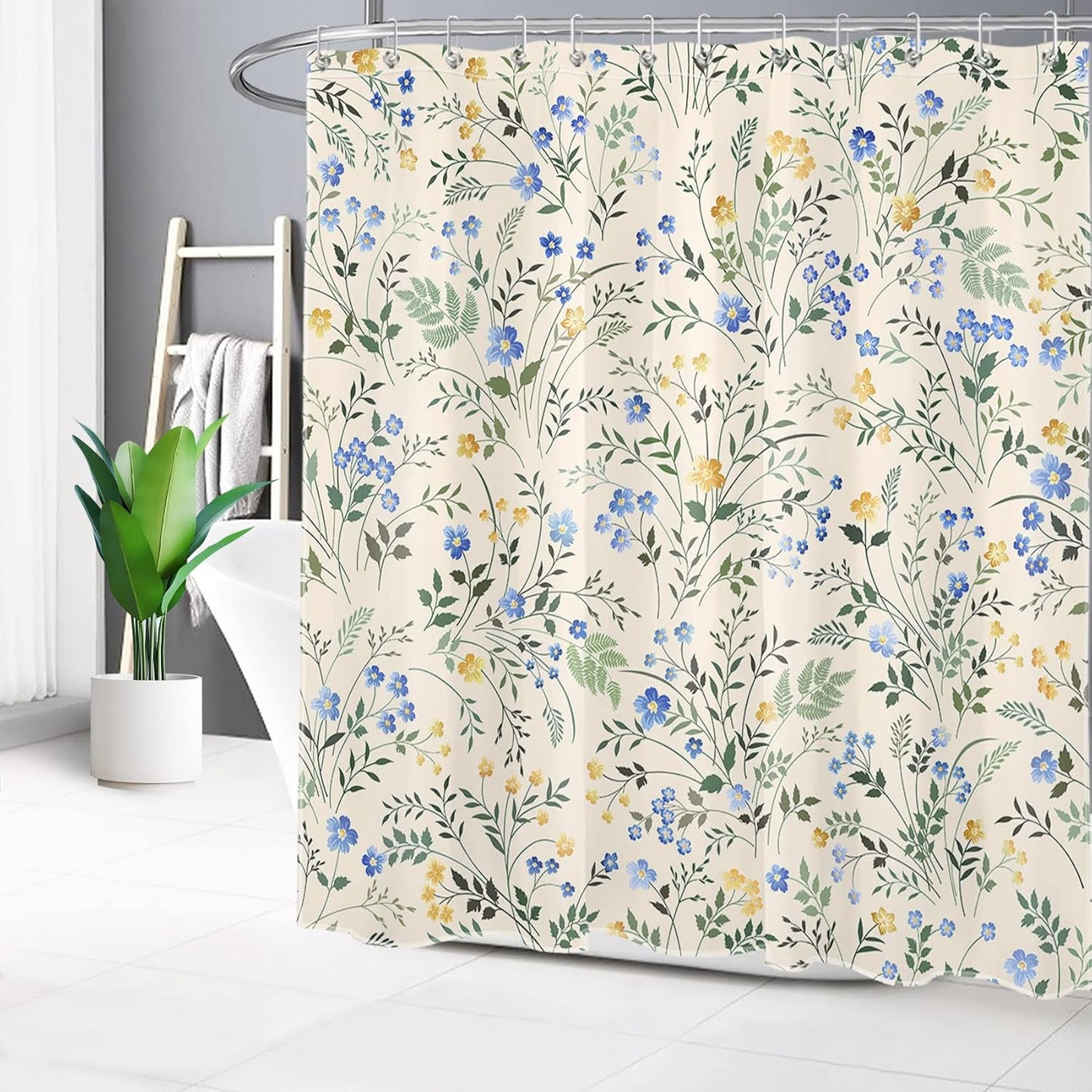 Country Wildflower Shower Curtain Decor,Blue and Yellow Floral Green Leaf Plant on Beige Shower Curtain for Bathroom 72X72 inch Polyester Fabric Bathroom Decoration Bath Curtains Hooks Included