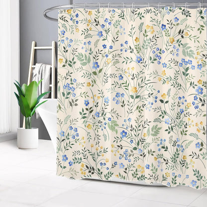 Country Wildflower Shower Curtain Decor,Blue and Yellow Floral Green Leaf Plant on Beige Shower Curtain for Bathroom 72X72 inch Polyester Fabric Bathroom Decoration Bath Curtains Hooks Included