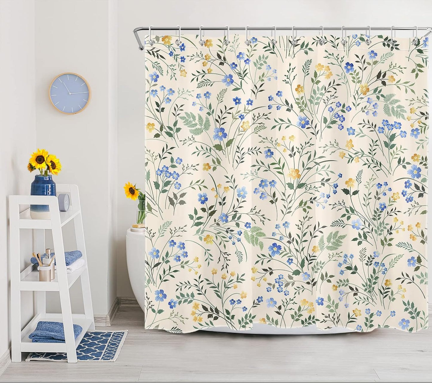 Country Wildflower Shower Curtain Decor,Blue and Yellow Floral Green Leaf Plant on Beige Shower Curtain for Bathroom 72X72 inch Polyester Fabric Bathroom Decoration Bath Curtains Hooks Included