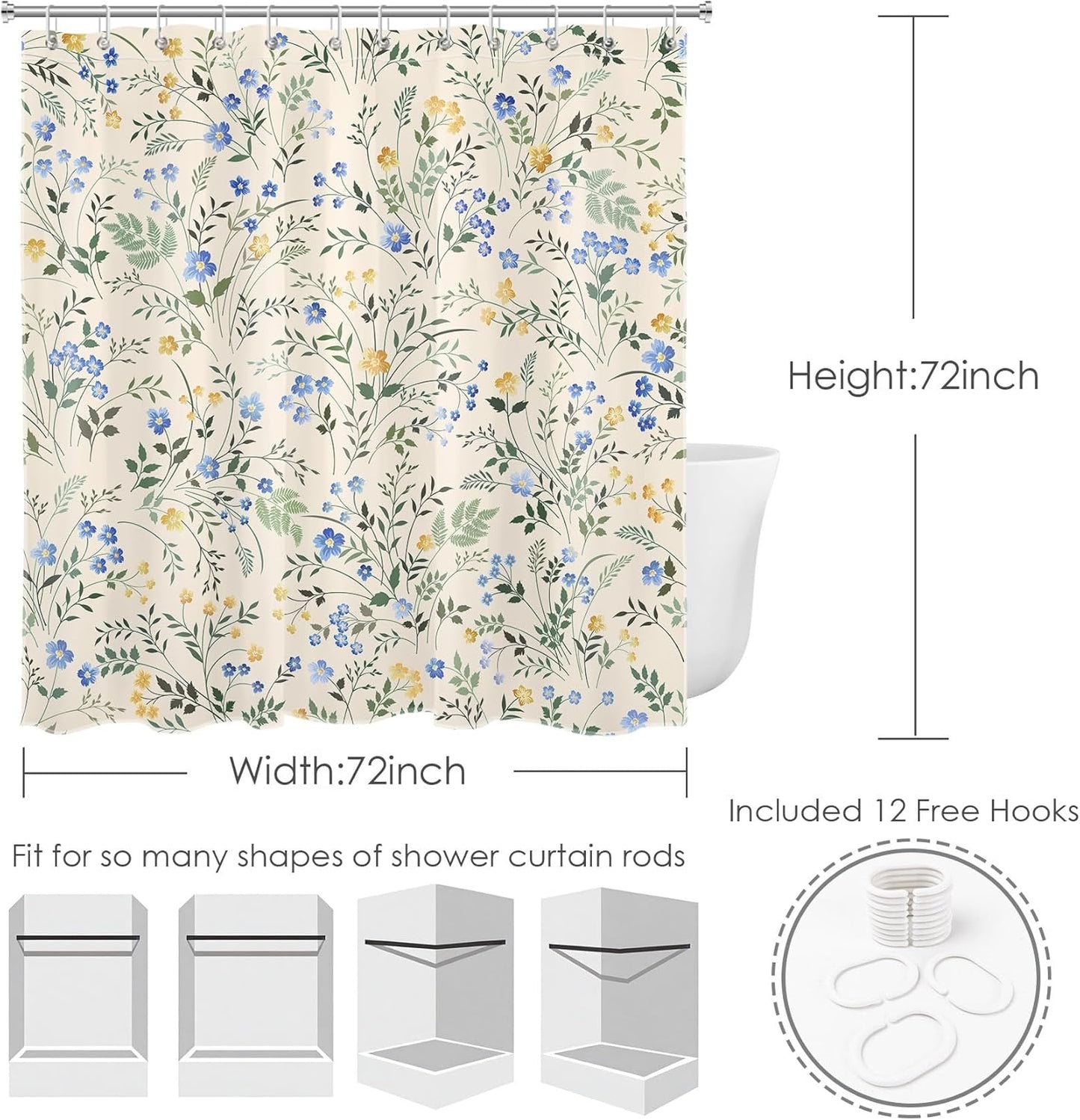 Country Wildflower Shower Curtain Decor,Blue and Yellow Floral Green Leaf Plant on Beige Shower Curtain for Bathroom 72X72 inch Polyester Fabric Bathroom Decoration Bath Curtains Hooks Included
