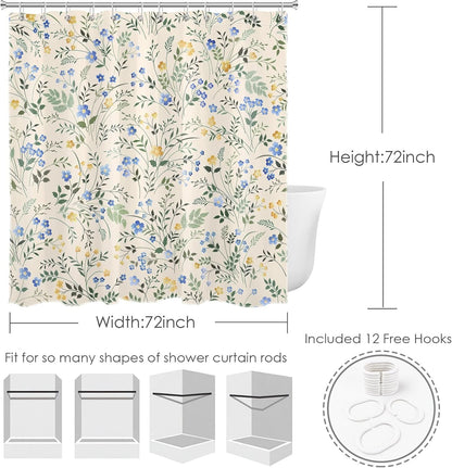 Country Wildflower Shower Curtain Decor,Blue and Yellow Floral Green Leaf Plant on Beige Shower Curtain for Bathroom 72X72 inch Polyester Fabric Bathroom Decoration Bath Curtains Hooks Included