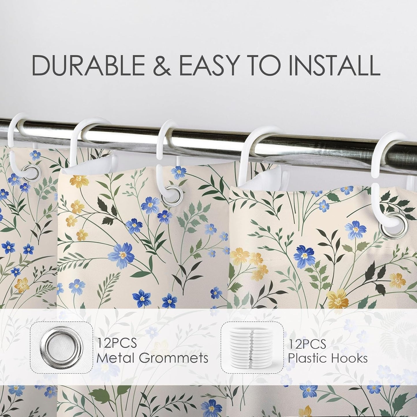 Country Wildflower Shower Curtain Decor,Blue and Yellow Floral Green Leaf Plant on Beige Shower Curtain for Bathroom 72X72 inch Polyester Fabric Bathroom Decoration Bath Curtains Hooks Included