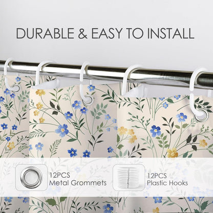 Country Wildflower Shower Curtain Decor,Blue and Yellow Floral Green Leaf Plant on Beige Shower Curtain for Bathroom 72X72 inch Polyester Fabric Bathroom Decoration Bath Curtains Hooks Included