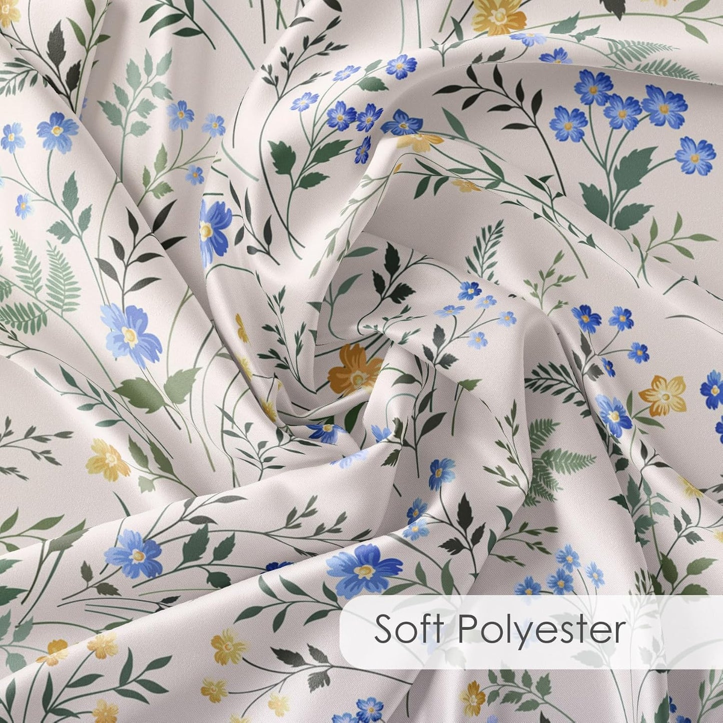 Country Wildflower Shower Curtain Decor,Blue and Yellow Floral Green Leaf Plant on Beige Shower Curtain for Bathroom 72X72 inch Polyester Fabric Bathroom Decoration Bath Curtains Hooks Included
