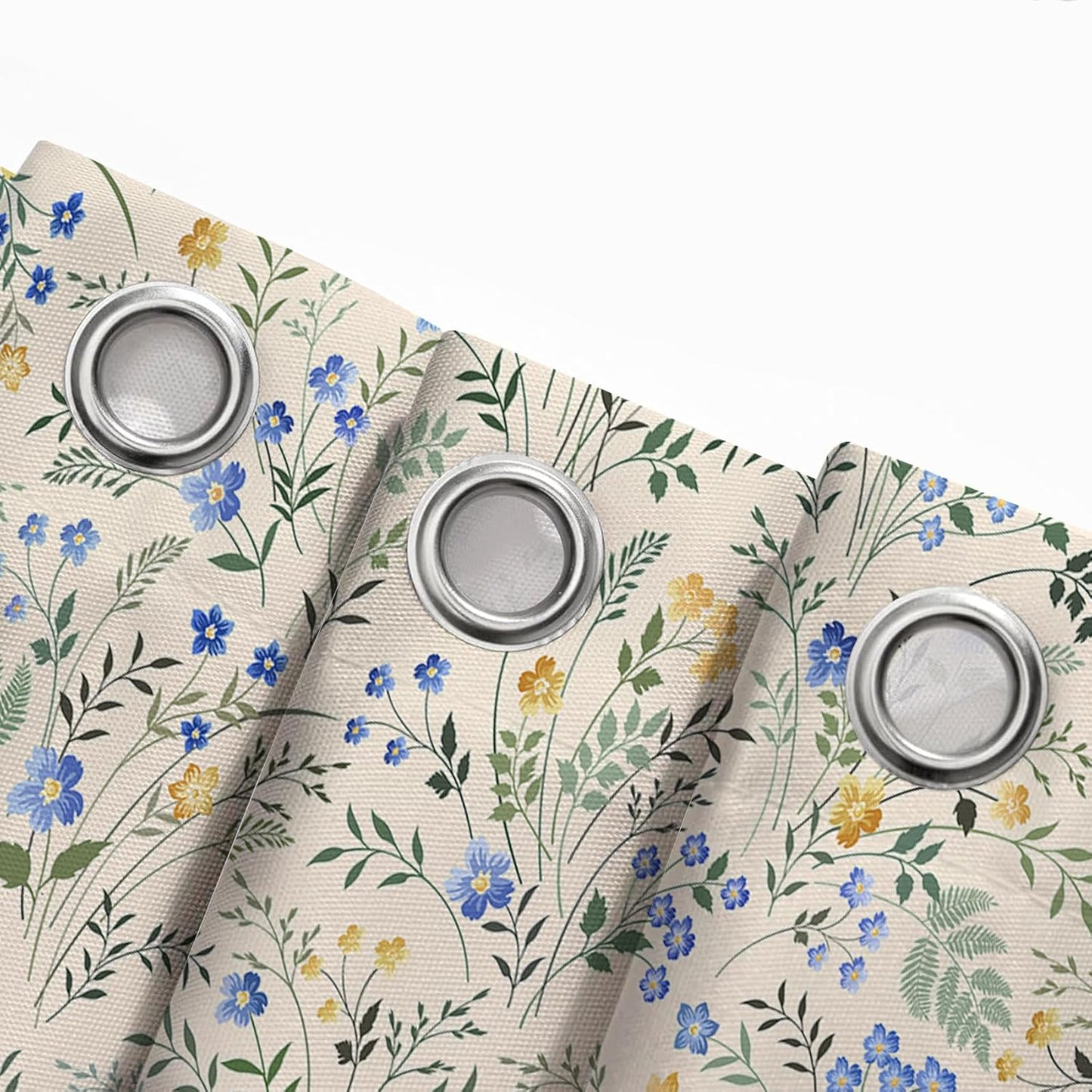 Country Wildflower Shower Curtain Decor,Blue and Yellow Floral Green Leaf Plant on Beige Shower Curtain for Bathroom 72X72 inch Polyester Fabric Bathroom Decoration Bath Curtains Hooks Included