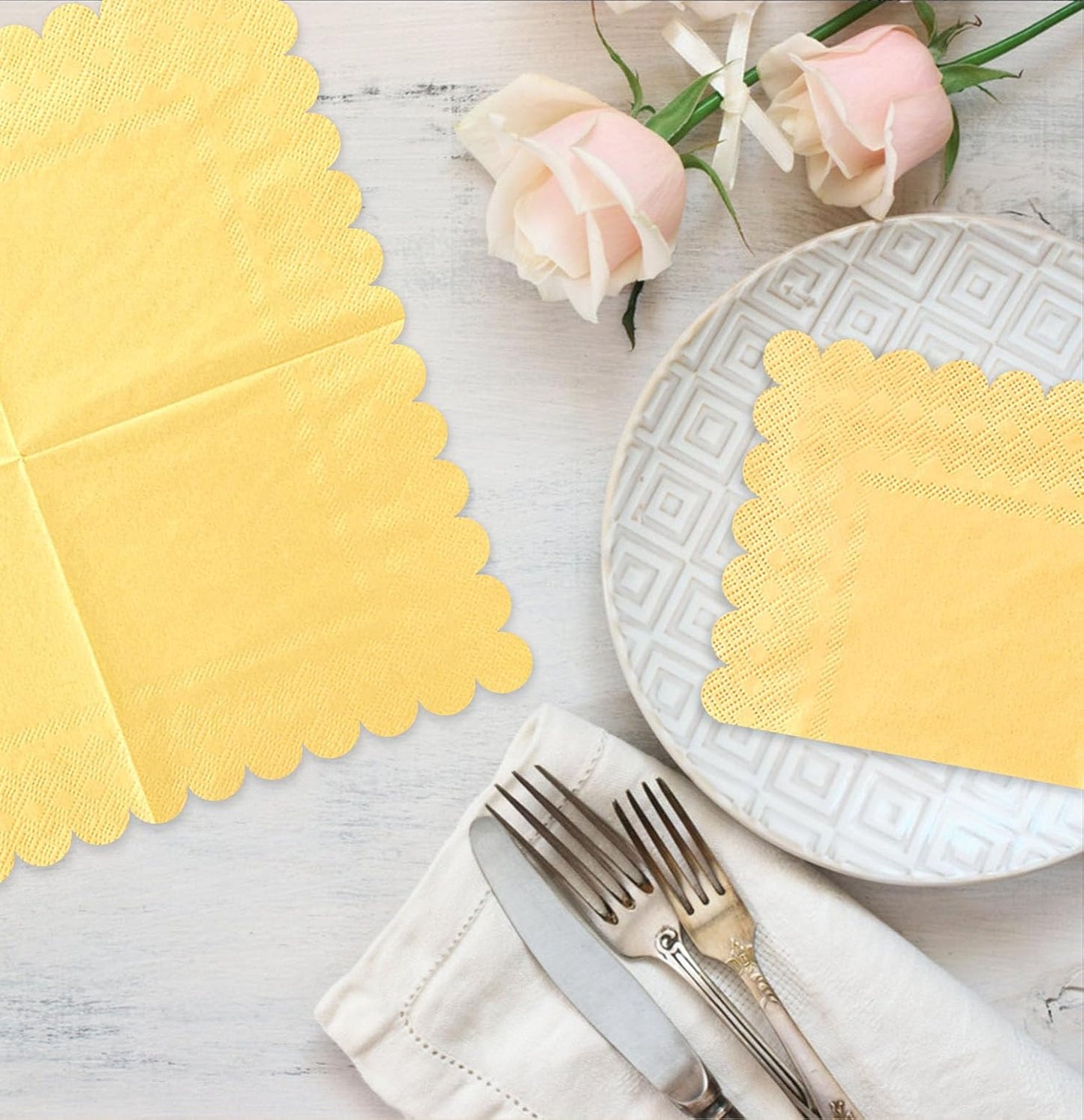 50 Pieces 3-ply Yellow Napkins Disposable Folded 5 x 5 Inches Scalloped Cocktail Napkins Paper Napkins for Dinner Wedding Birthday Party Yellow Dessert Napkin