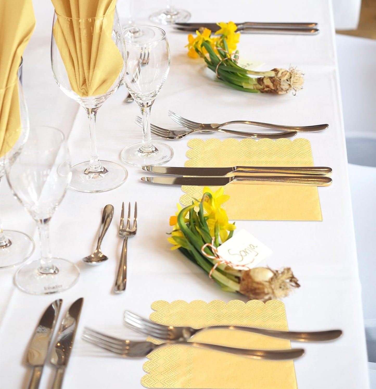 50 Pieces 3-ply Yellow Napkins Disposable Folded 5 x 5 Inches Scalloped Cocktail Napkins Paper Napkins for Dinner Wedding Birthday Party Yellow Dessert Napkin
