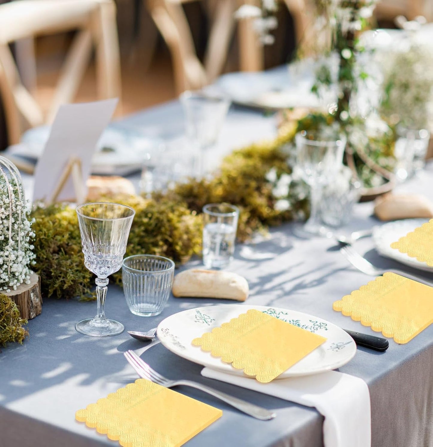 50 Pieces 3-ply Yellow Napkins Disposable Folded 5 x 5 Inches Scalloped Cocktail Napkins Paper Napkins for Dinner Wedding Birthday Party Yellow Dessert Napkin
