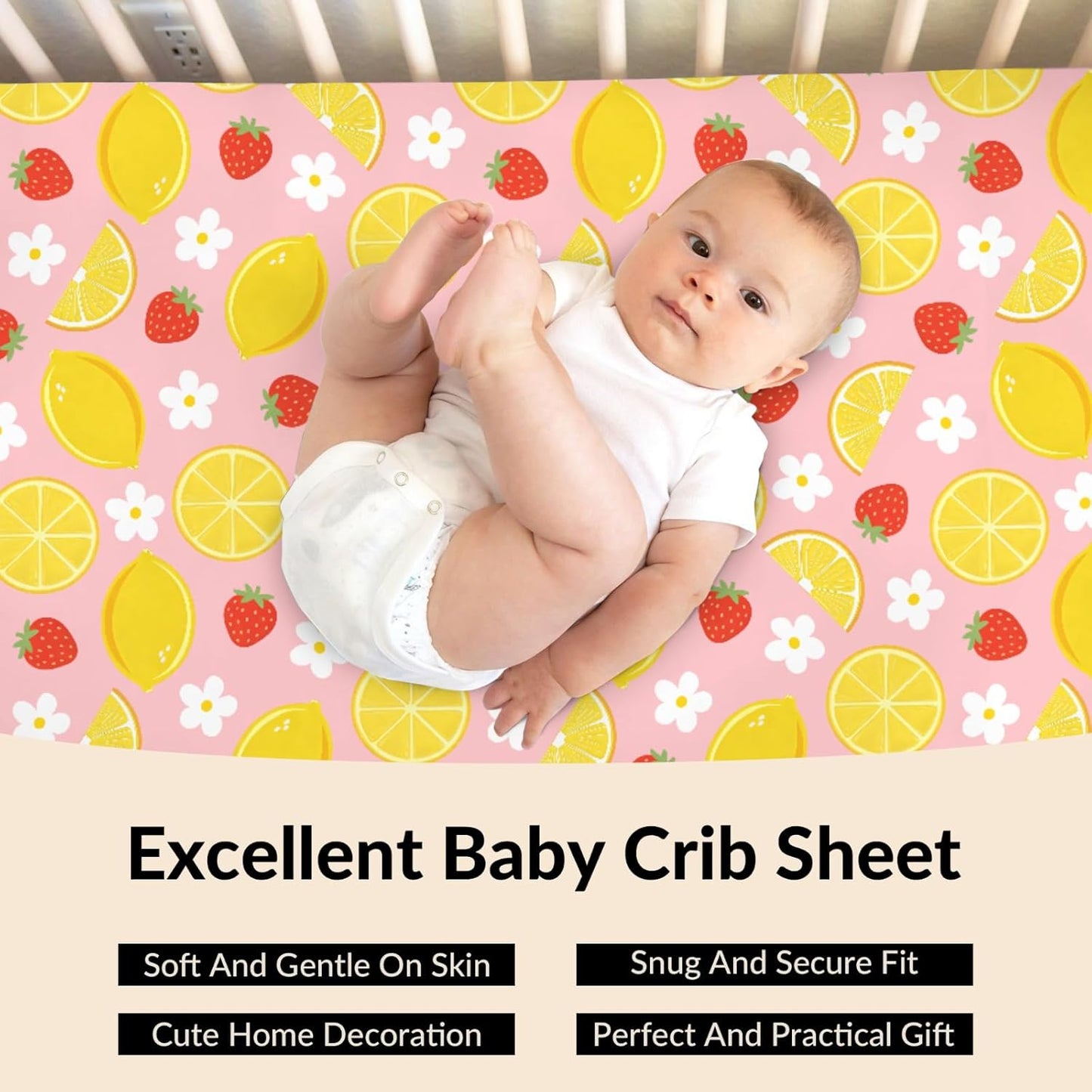 Vintage Lemon Boho Floral Baby Boys Girls Crib Sheets Pink Strawberry Daisy Flower Toddler Bed Sheets Summer Fruit Fitted Crib Mattress Cover for Standard Crib Mattresses 52''x28''