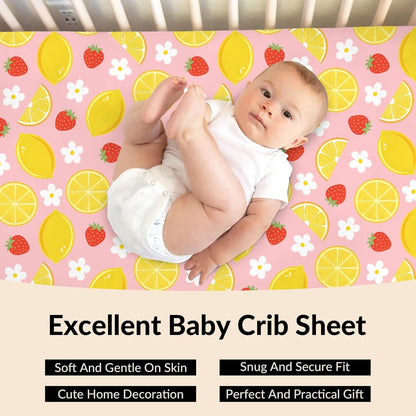 Vintage Lemon Boho Floral Baby Boys Girls Crib Sheets Pink Strawberry Daisy Flower Toddler Bed Sheets Summer Fruit Fitted Crib Mattress Cover for Standard Crib Mattresses 52''x28''