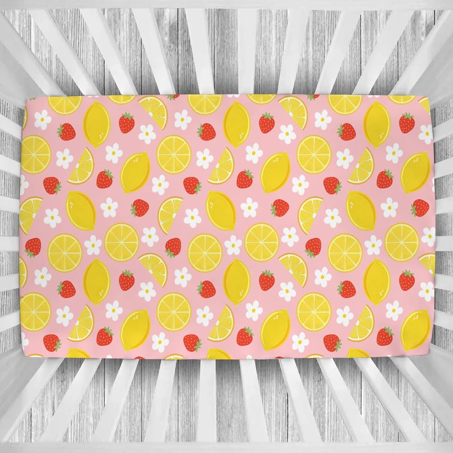 Vintage Lemon Boho Floral Baby Boys Girls Crib Sheets Pink Strawberry Daisy Flower Toddler Bed Sheets Summer Fruit Fitted Crib Mattress Cover for Standard Crib Mattresses 52''x28''