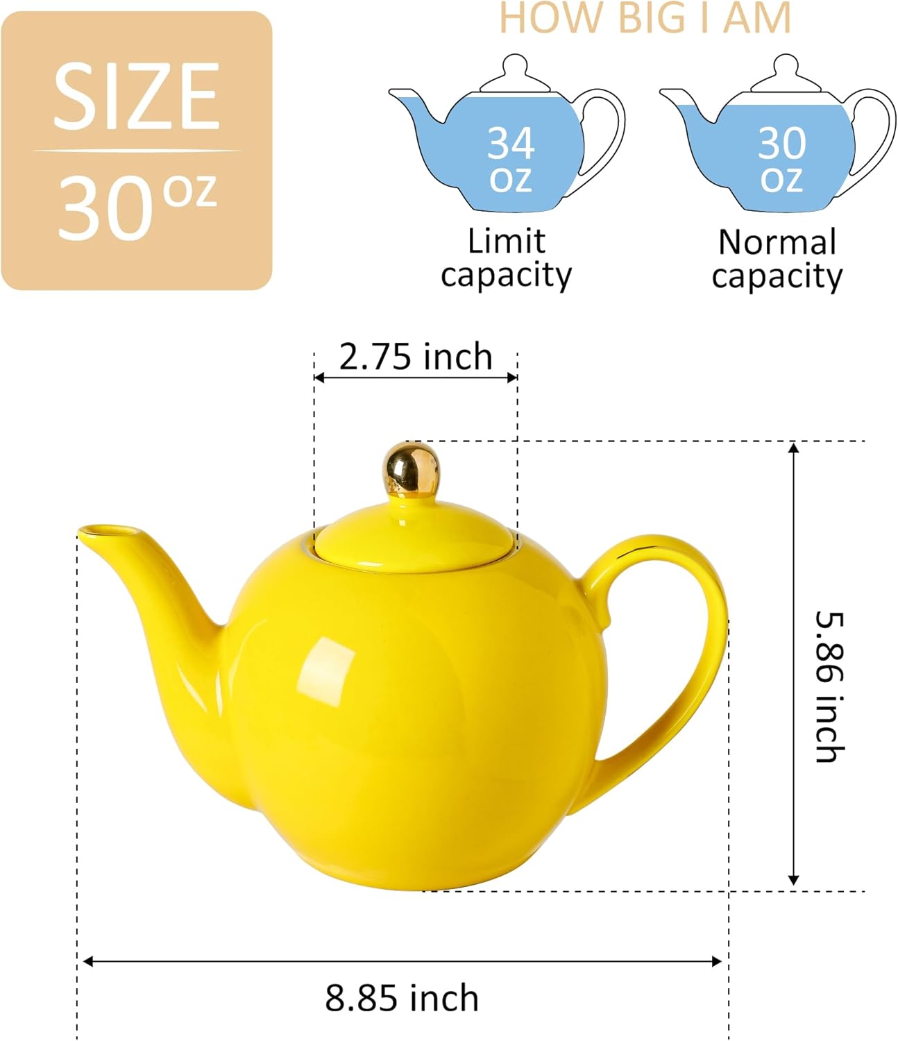 30oz Yellow Porcelain Teapot with a Speckled Glaze, Sunny Ceramic Teapot with Gold Trim for Loose Leaf and Blooming Tea, Tea Party Essential