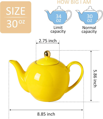 30oz Yellow Porcelain Teapot with a Speckled Glaze, Sunny Ceramic Teapot with Gold Trim for Loose Leaf and Blooming Tea, Tea Party Essential