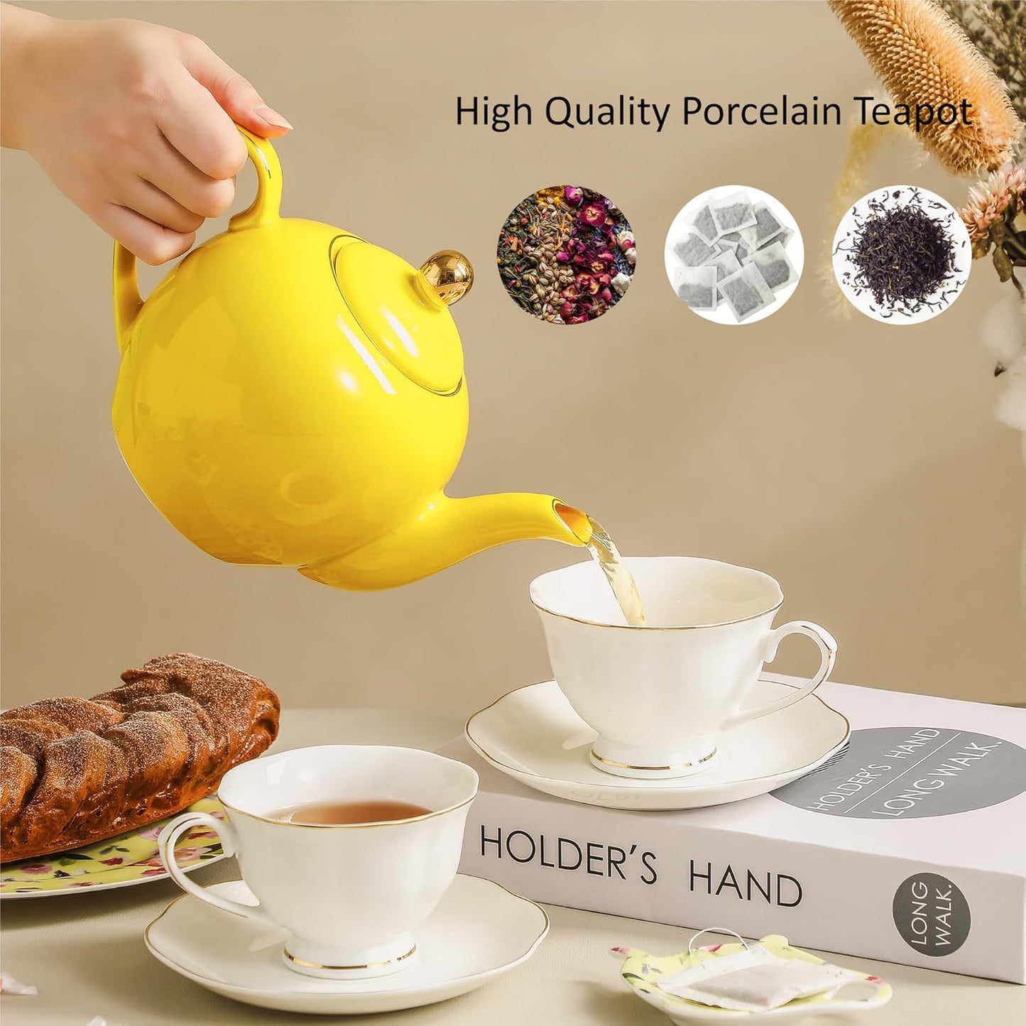 30oz Yellow Porcelain Teapot with a Speckled Glaze, Sunny Ceramic Teapot with Gold Trim for Loose Leaf and Blooming Tea, Tea Party Essential
