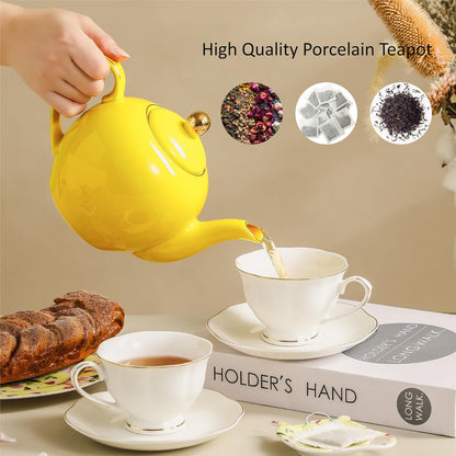 30oz Yellow Porcelain Teapot with a Speckled Glaze, Sunny Ceramic Teapot with Gold Trim for Loose Leaf and Blooming Tea, Tea Party Essential