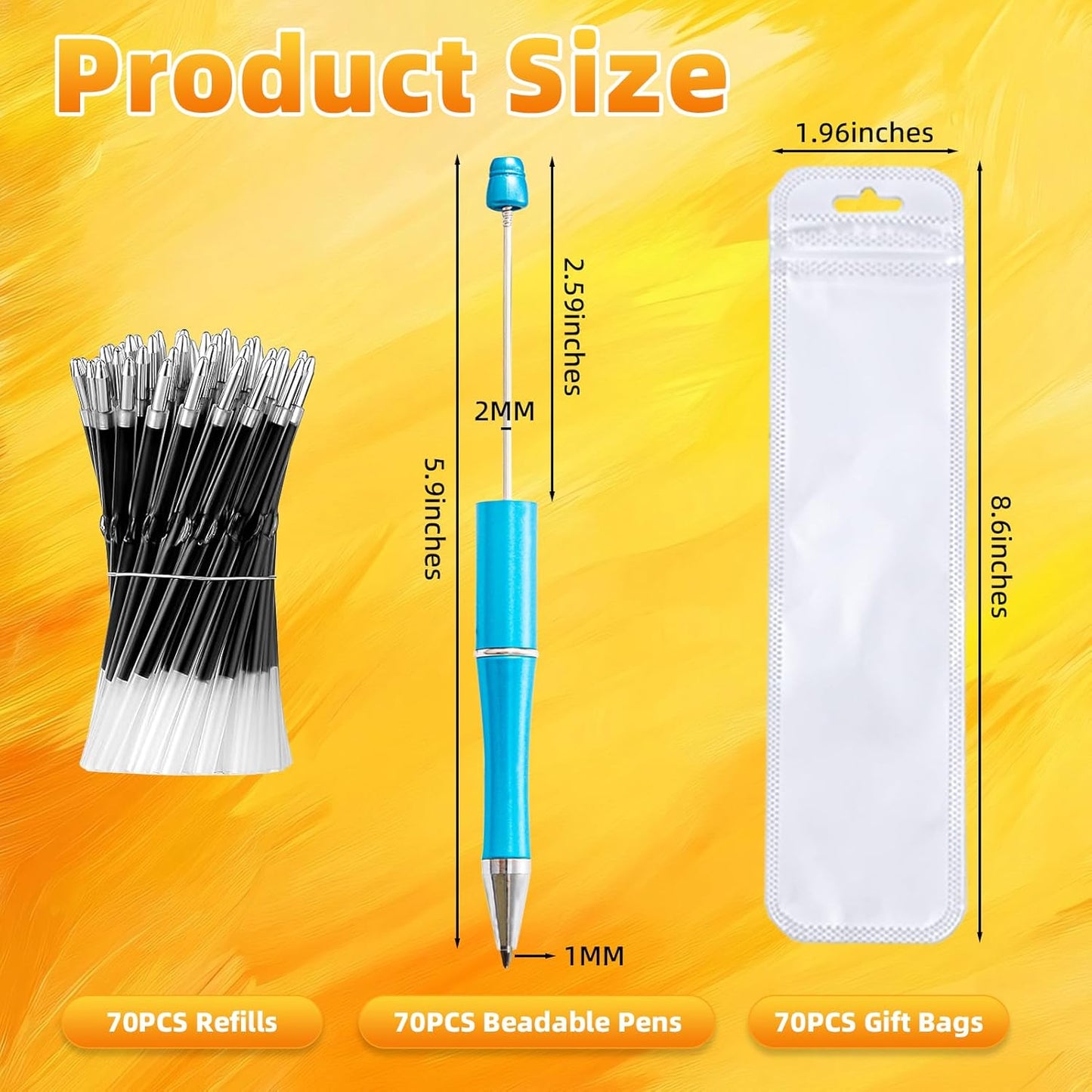 210 Pieces DIY Beadable Pen Bulk Kit – 70PCS Ballpoint Pen with Refills & Bags – Perfect for Beads Pens Supplies, Beaded Pens for DIY Crafting – Office Supplies & Teacher Accessories (Yellow)