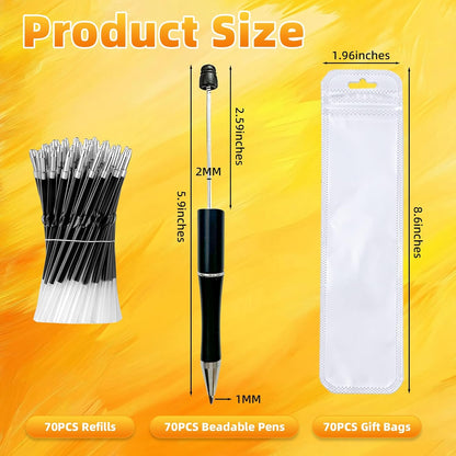 210 Pieces DIY Beadable Pen Bulk Kit – 70PCS Ballpoint Pen with Refills & Bags – Perfect for Beads Pens Supplies, Beaded Pens for DIY Crafting – Office Supplies & Teacher Accessories (Yellow)