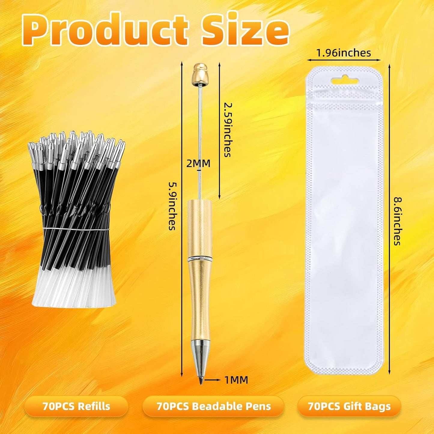 210 Pieces DIY Beadable Pen Bulk Kit – 70PCS Ballpoint Pen with Refills & Bags – Perfect for Beads Pens Supplies, Beaded Pens for DIY Crafting – Office Supplies & Teacher Accessories (Yellow)
