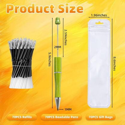 210 Pieces DIY Beadable Pen Bulk Kit – 70PCS Ballpoint Pen with Refills & Bags – Perfect for Beads Pens Supplies, Beaded Pens for DIY Crafting – Office Supplies & Teacher Accessories (Yellow)