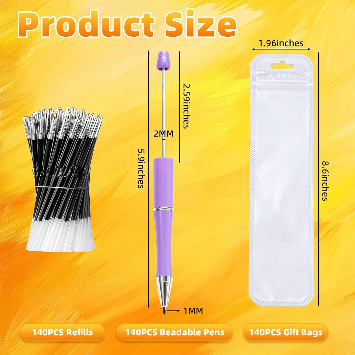 210 Pieces DIY Beadable Pen Bulk Kit – 70PCS Ballpoint Pen with Refills & Bags – Perfect for Beads Pens Supplies, Beaded Pens for DIY Crafting – Office Supplies & Teacher Accessories (Yellow)