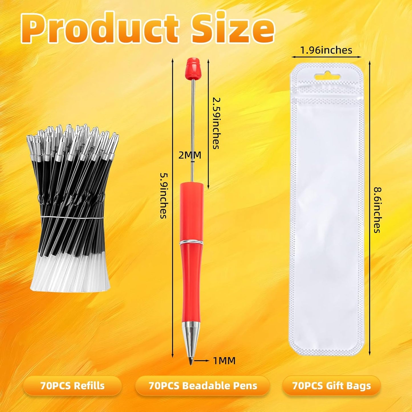 210 Pieces DIY Beadable Pen Bulk Kit – 70PCS Ballpoint Pen with Refills & Bags – Perfect for Beads Pens Supplies, Beaded Pens for DIY Crafting – Office Supplies & Teacher Accessories (Yellow)