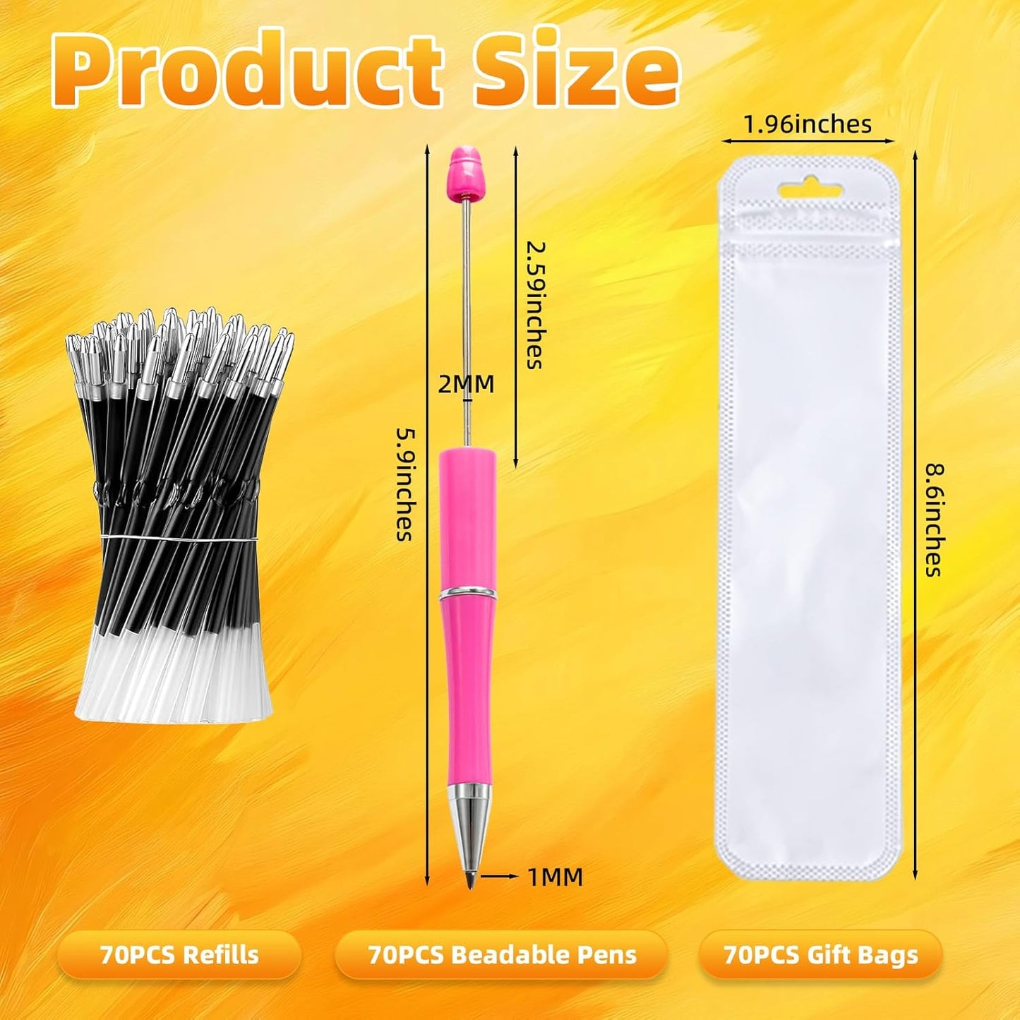 210 Pieces DIY Beadable Pen Bulk Kit – 70PCS Ballpoint Pen with Refills & Bags – Perfect for Beads Pens Supplies, Beaded Pens for DIY Crafting – Office Supplies & Teacher Accessories (Yellow)